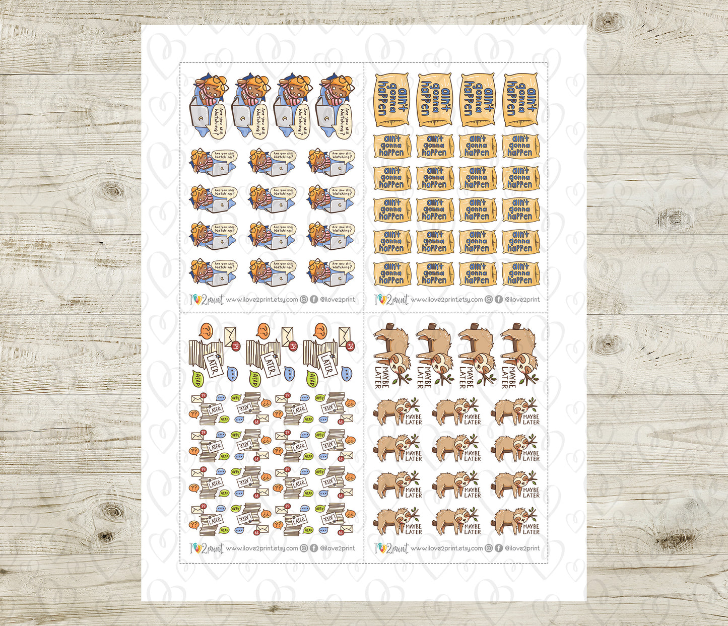Sheet of planner stickers with various designs on a wooden surface