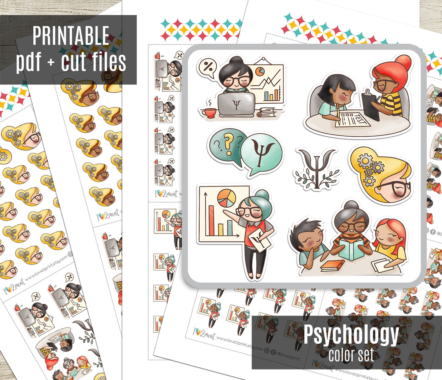 Elena Psychology Color Printable Stickers | 2 Skin Tones Professional | 2 Sizes | PDF Cut Files