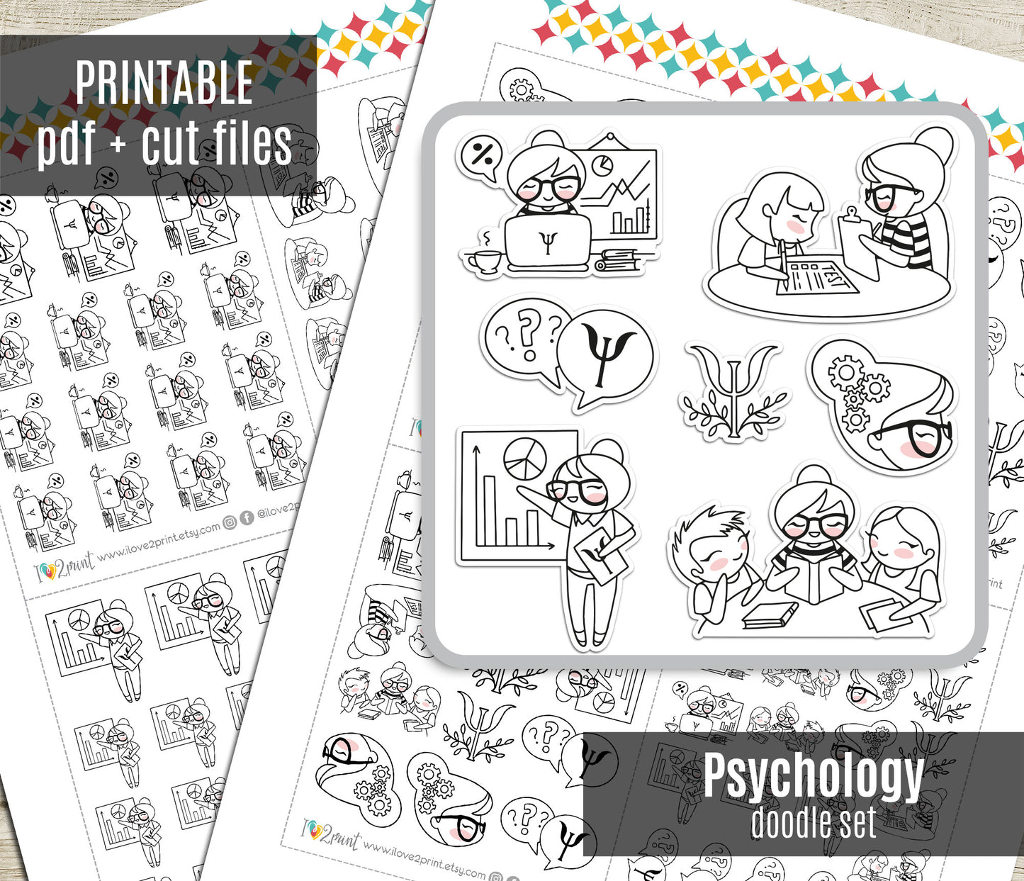 Elena Psychology Doodle Printable Stickers | Professional Therapy | 2 Sizes | PDF Cut Files