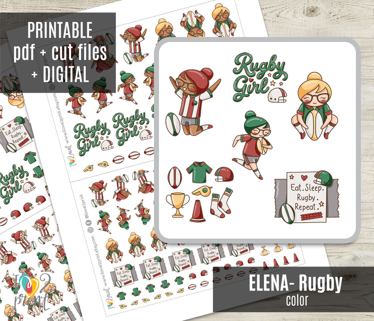 Elena Rugby Printable Color Stickers | 2 Skin Tones | PDF + Cut Files