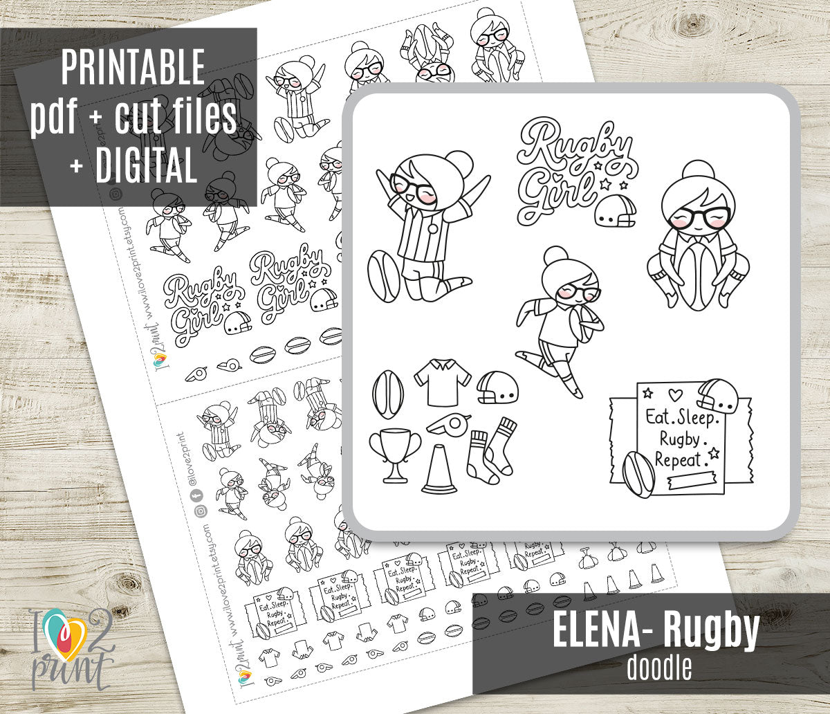 Elena Rugby Printable Stickers Outline | Color In | PDF + Cut Files