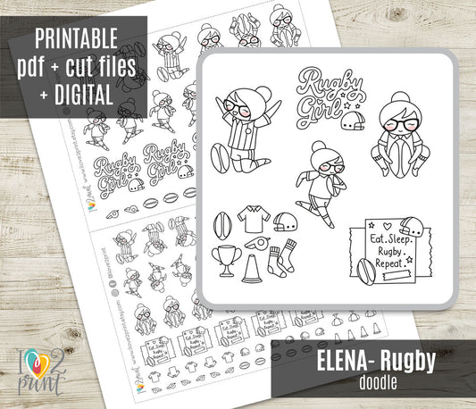 Elena Rugby Printable Stickers Outline | Color In | PDF + Cut Files
