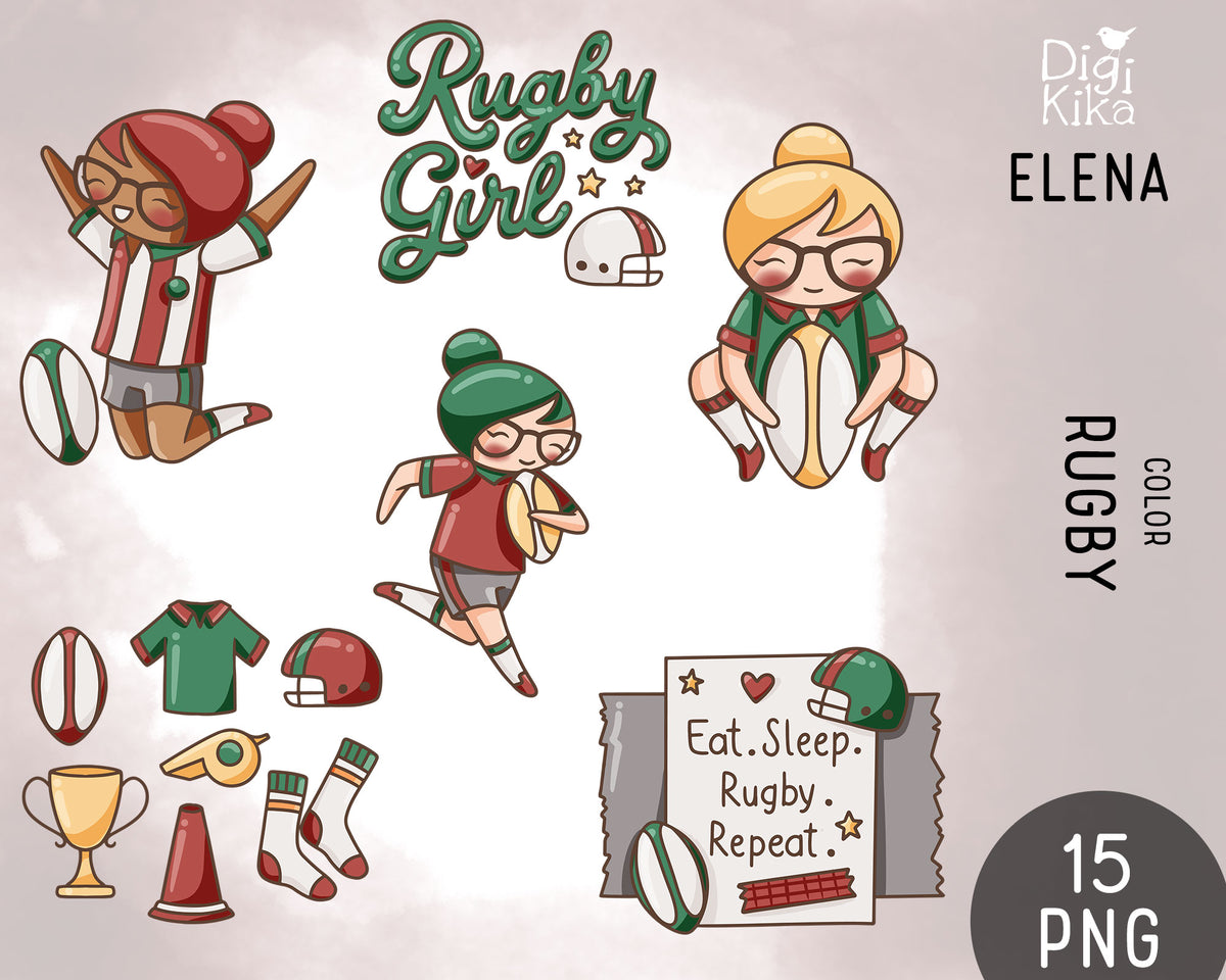 Elena Rugby Hand Drawn Color Clipart | 2 Skin Tones | PNG Only