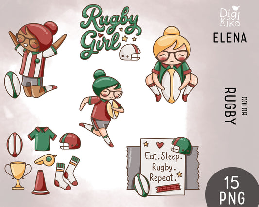 Elena Rugby Hand Drawn Color Clipart | 2 Skin Tones | PNG Only