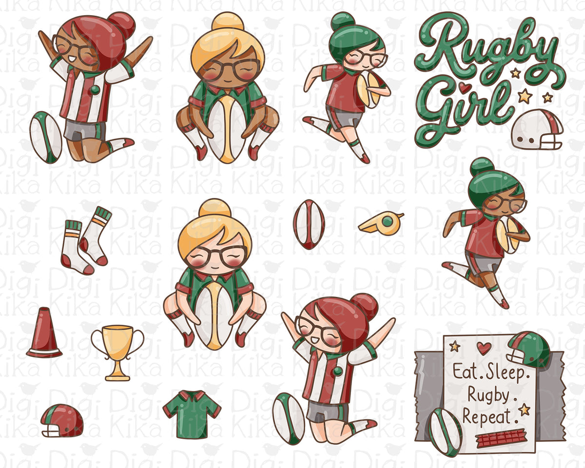 Elena Rugby Hand Drawn Color Clipart | 2 Skin Tones | PNG Only