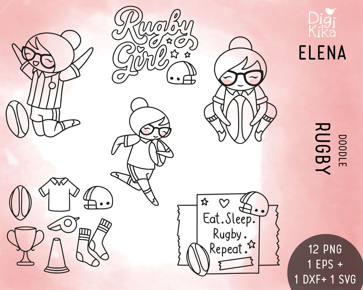 Elena Rugby Hand Drawn Outline Clipart | Vector EPS SVG DXF PNG