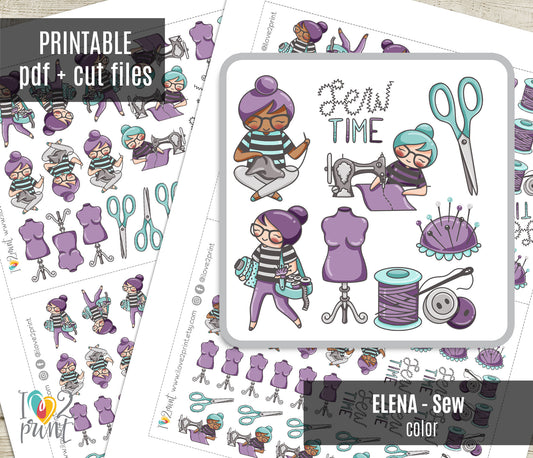 Elena Sew Time – Cute Color Printable Planner Sticker - PDF & Cut Files