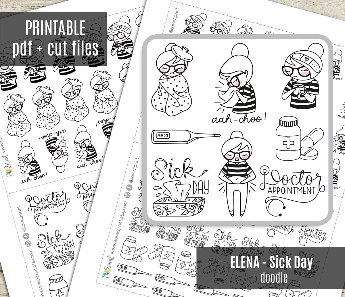 Elena Sick Day - DOODLE Printable Planner Sticker - PDF & Cut Files ...