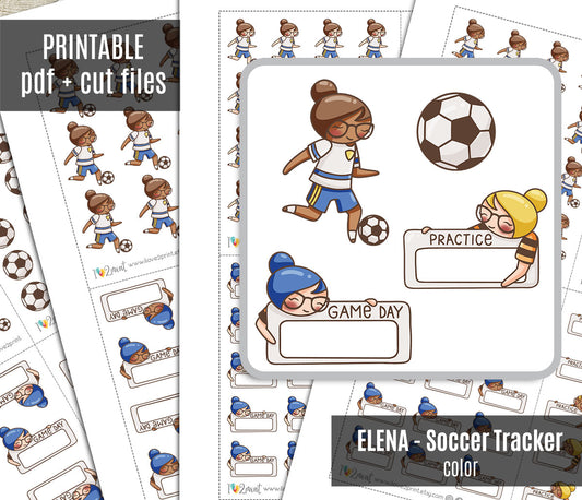 Elena Soccer Tracker – COLOR Printable Planner Stickers – Practice & Game Day – PDF + Cut Files