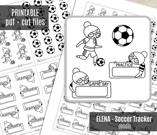 Elena Soccer Tracker – DOODLE Printable Planner Stickers – Practice & Game Day – PDF + Cut Files