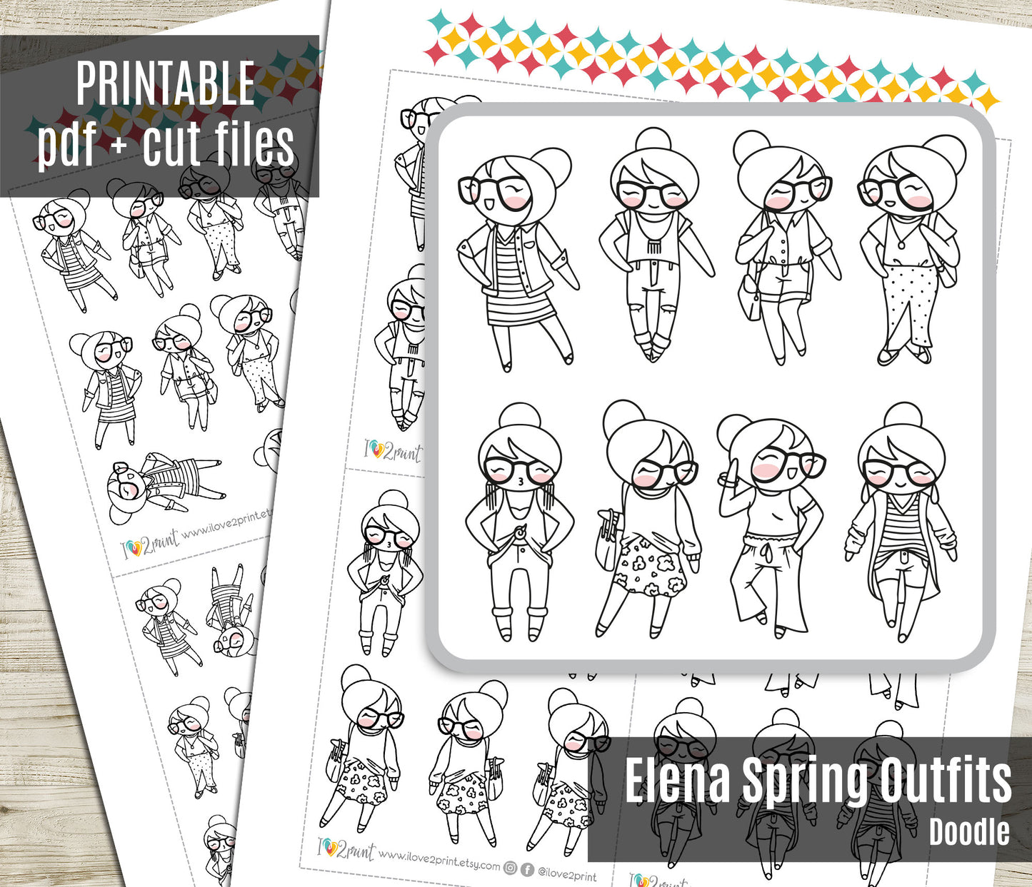 Elena Spring Outfits Doodle Printable Stickers | Fashion Seasonal | 2 Sizes | PDF Cut Files