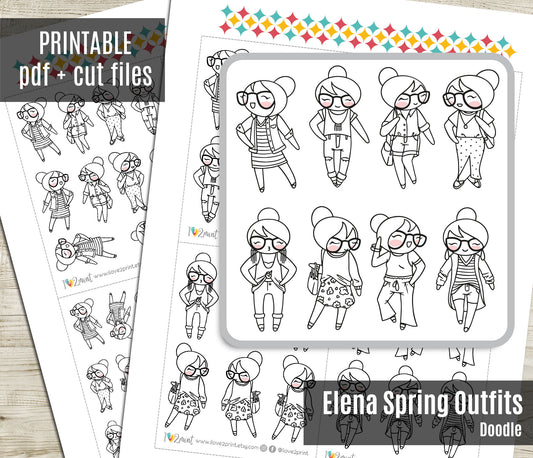 Elena Spring Outfits Doodle Printable Stickers | Fashion Seasonal | 2 Sizes | PDF Cut Files