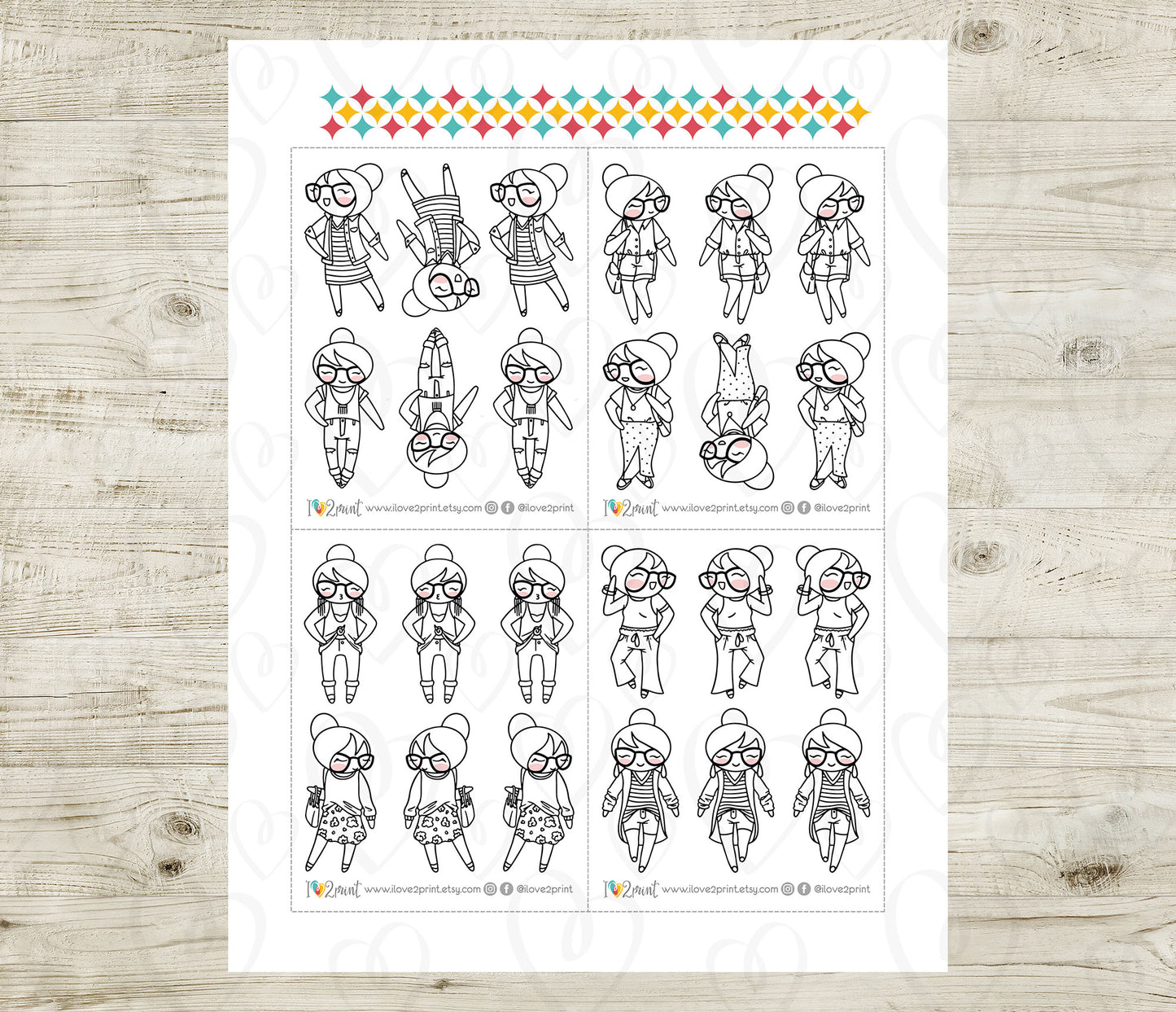 Elena Spring Outfits Doodle Printable Stickers | Fashion Seasonal | 2 Sizes | PDF Cut Files