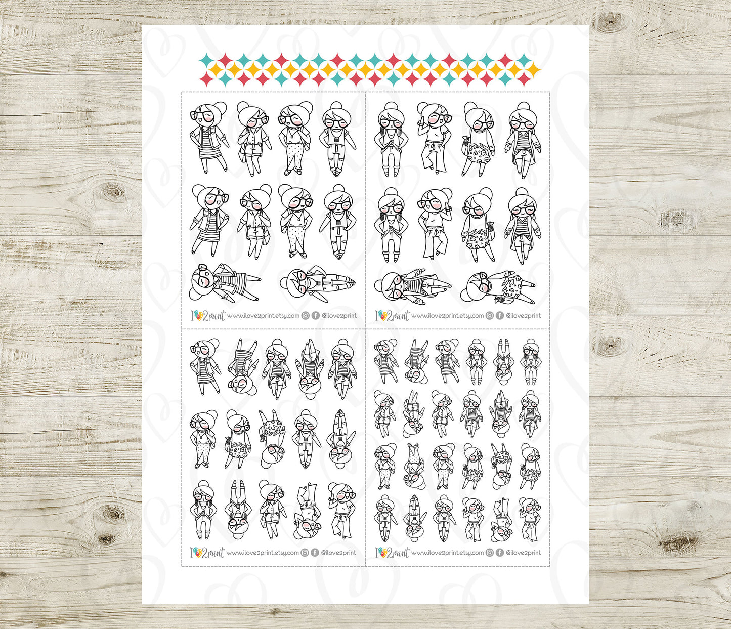 Elena Spring Outfits Doodle Printable Stickers | Fashion Seasonal | 2 Sizes | PDF Cut Files