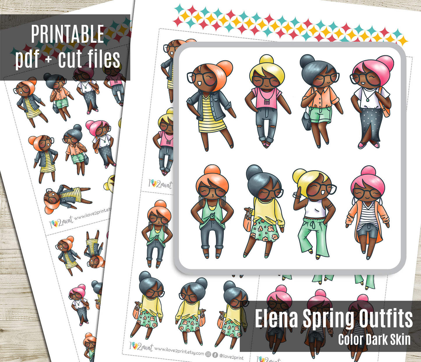 Elena Spring Outfits Dark Skin Printable Stickers | Fashion Color | 2 Sizes | PDF Cut Files