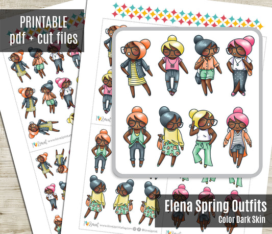 Elena Spring Outfits Dark Skin Printable Stickers | Fashion Color | 2 Sizes | PDF Cut Files