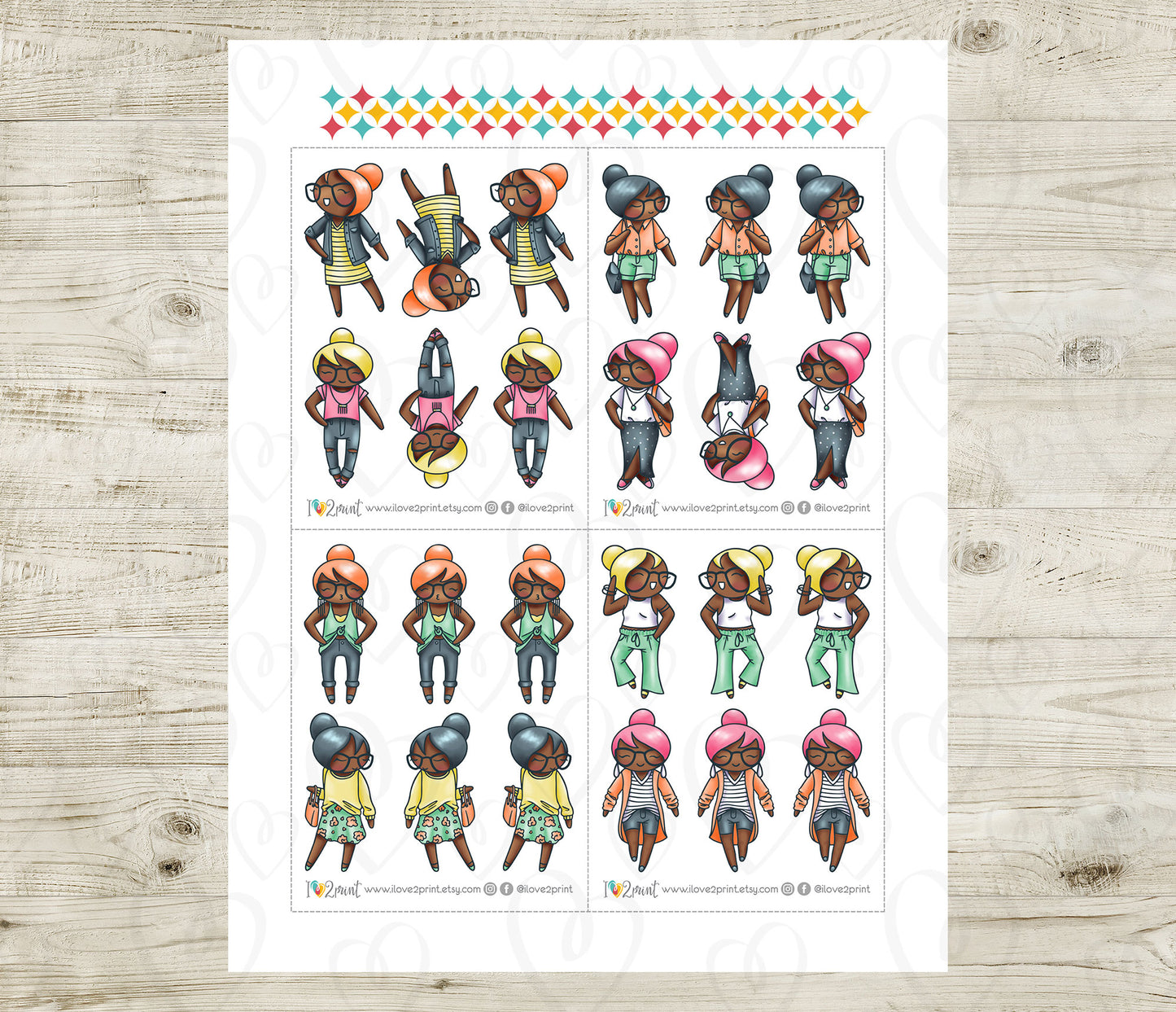 Elena Spring Outfits Dark Skin Printable Stickers | Fashion Color | 2 Sizes | PDF Cut Files