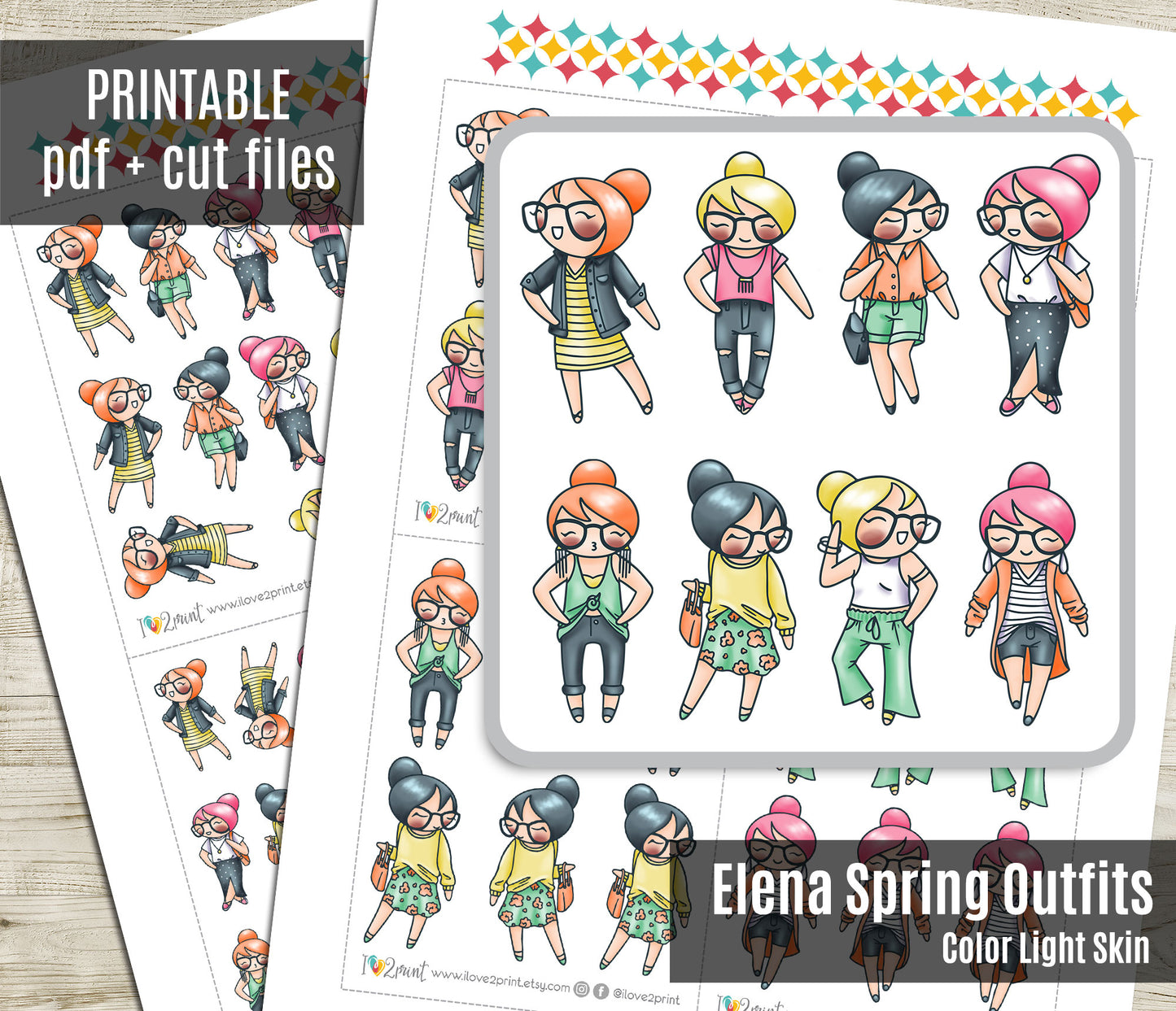 Elena Spring Outfits Light Skin Printable Stickers | Fashion Color | 2 Sizes | PDF Cut Files