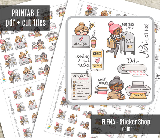Elena Stickers Shop – Color Printable Planner Stickers – PDF + Cut Files – Instant Download
