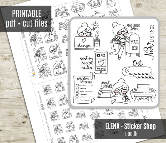 Elena Stickers Shop – Doodle Printable Planner Stickers – PDF + Cut Files – Instant Download