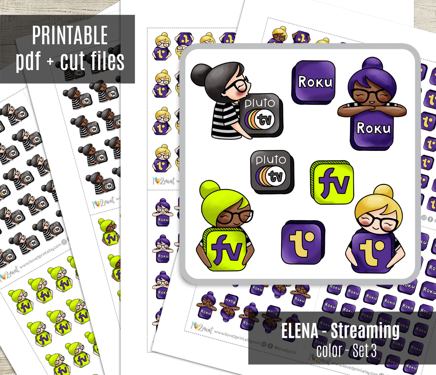 Streaming Services COLOR SET 5 – Elena Planner Girl – Printable Planner Stickers – PDF + Cut Files – Pluto, Roku, Freevee, Tubi