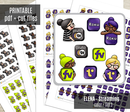 Streaming Services COLOR SET 5 – Elena Planner Girl – Printable Planner Stickers – PDF + Cut Files – Pluto, Roku, Freevee, Tubi