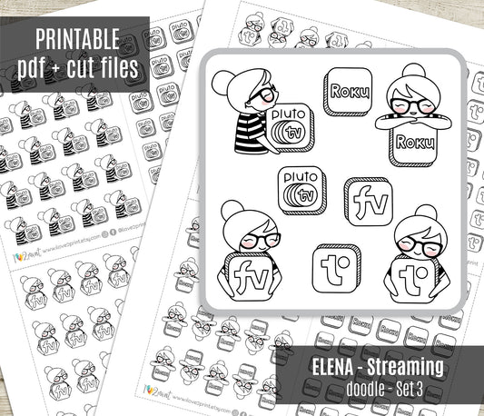 Streaming Services SET 3 – Elena Planner Girl – Printable Planner Stickers – PDF + Cut Files – Pluto, Roku, Freevee, Tubi