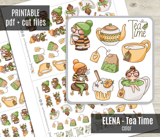 Elena Tea Time – Cute Color Printable Planner Sticker - PDF & Cut Files