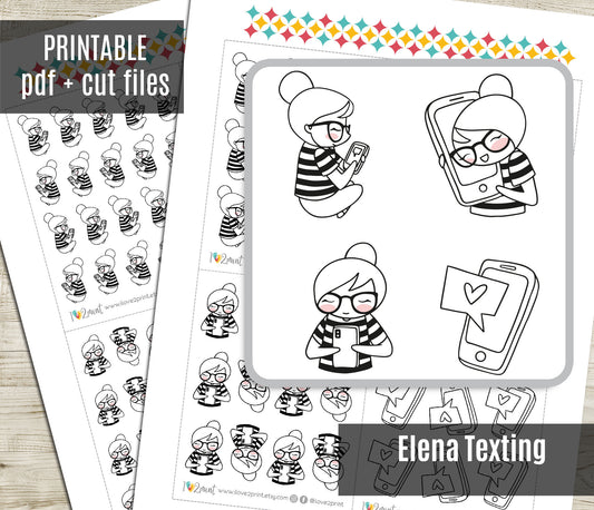 Elena Texting Doodle Printable Planner Stickers | Outline Phone Chat | 2 Sizes | PDF Cut Files