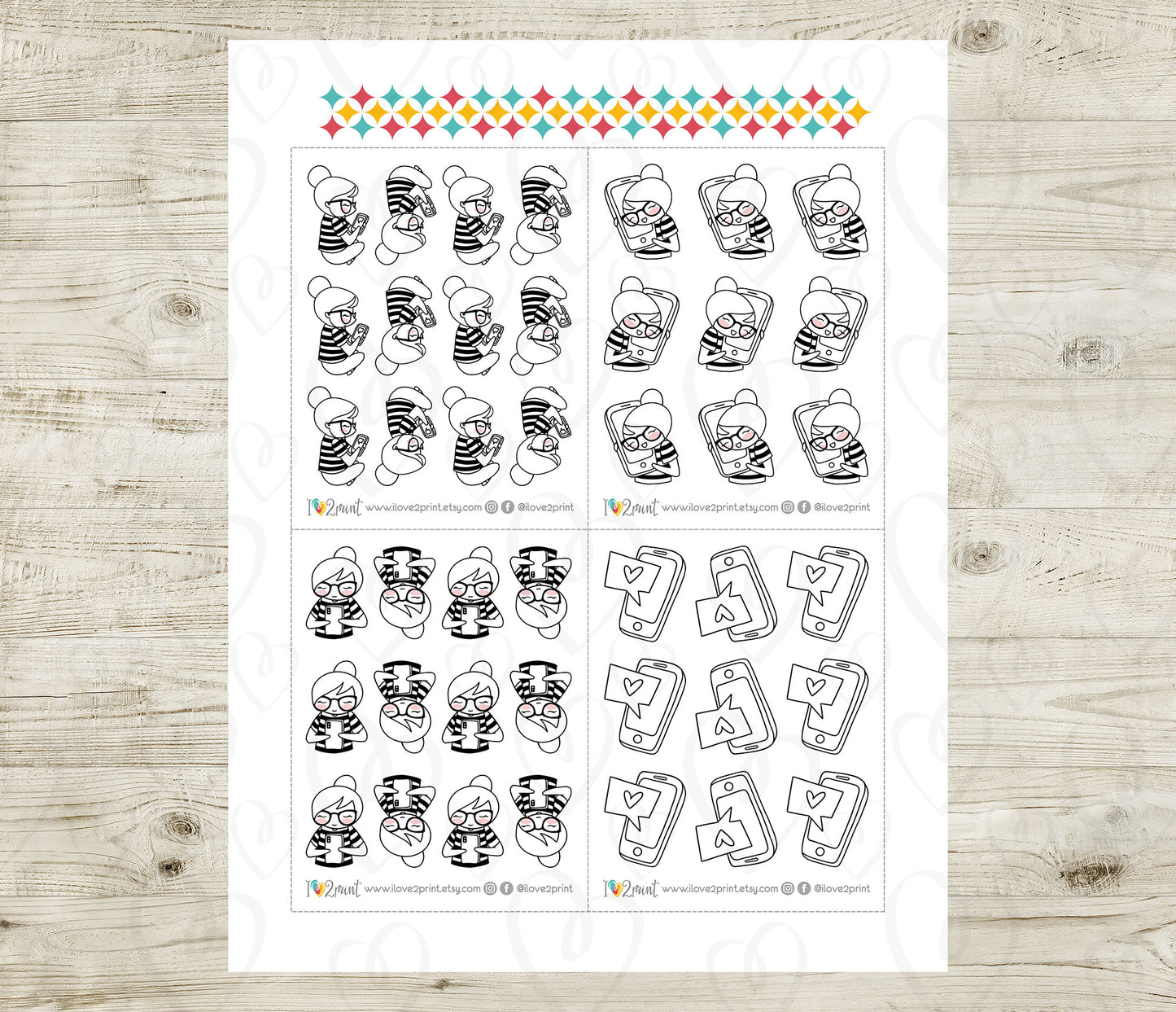 Elena Texting Doodle Printable Planner Stickers | Outline Phone Chat | 2 Sizes | PDF Cut Files