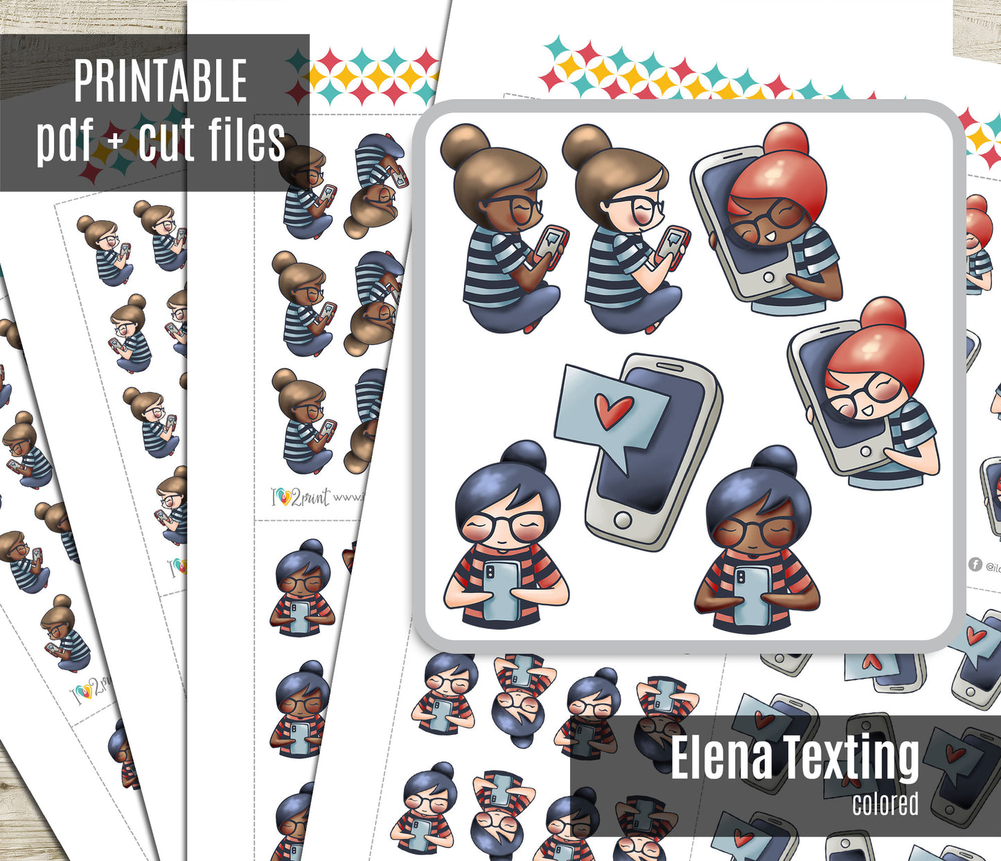 Elena Texting Color Printable Stickers | 2 Skin Tones Phone Chat | 2 Sizes | PDF Cut Files