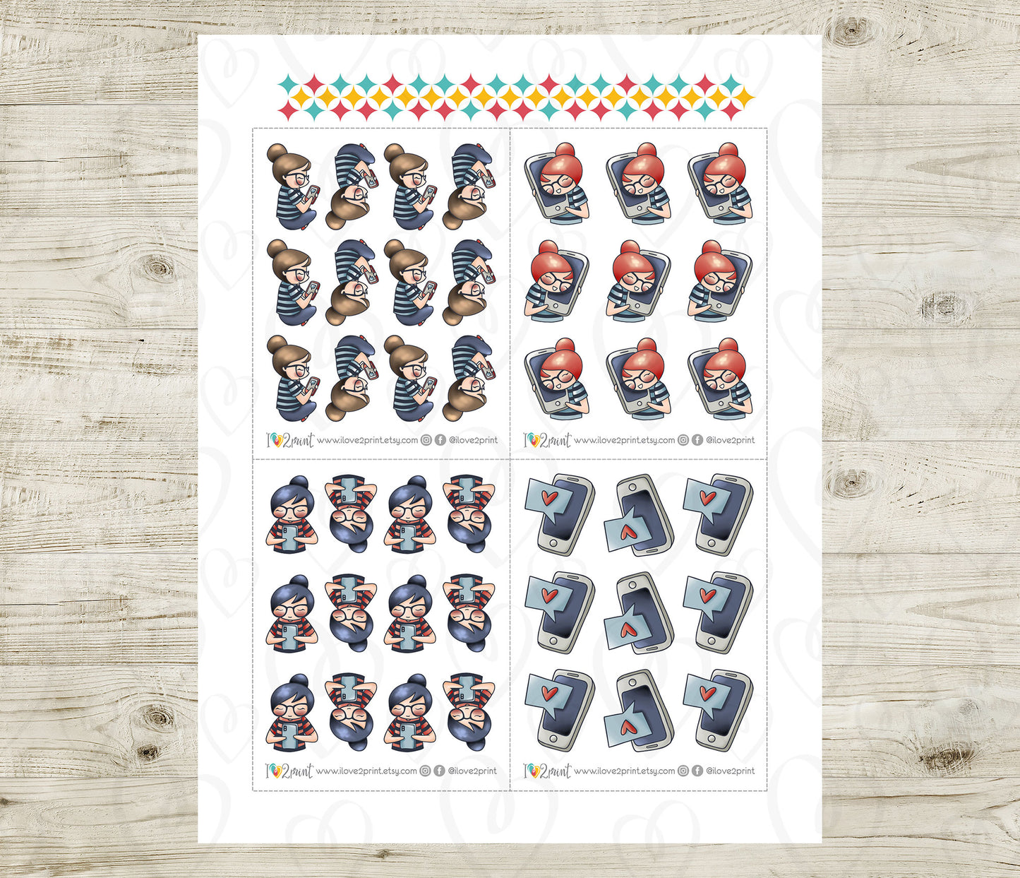 Elena Texting Color Printable Stickers | 2 Skin Tones Phone Chat | 2 Sizes | PDF Cut Files