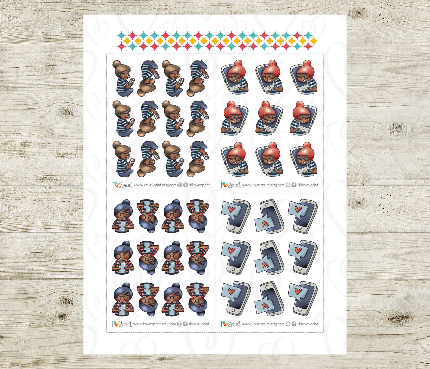 Elena Texting Color Printable Stickers | 2 Skin Tones Phone Chat | 2 Sizes | PDF Cut Files