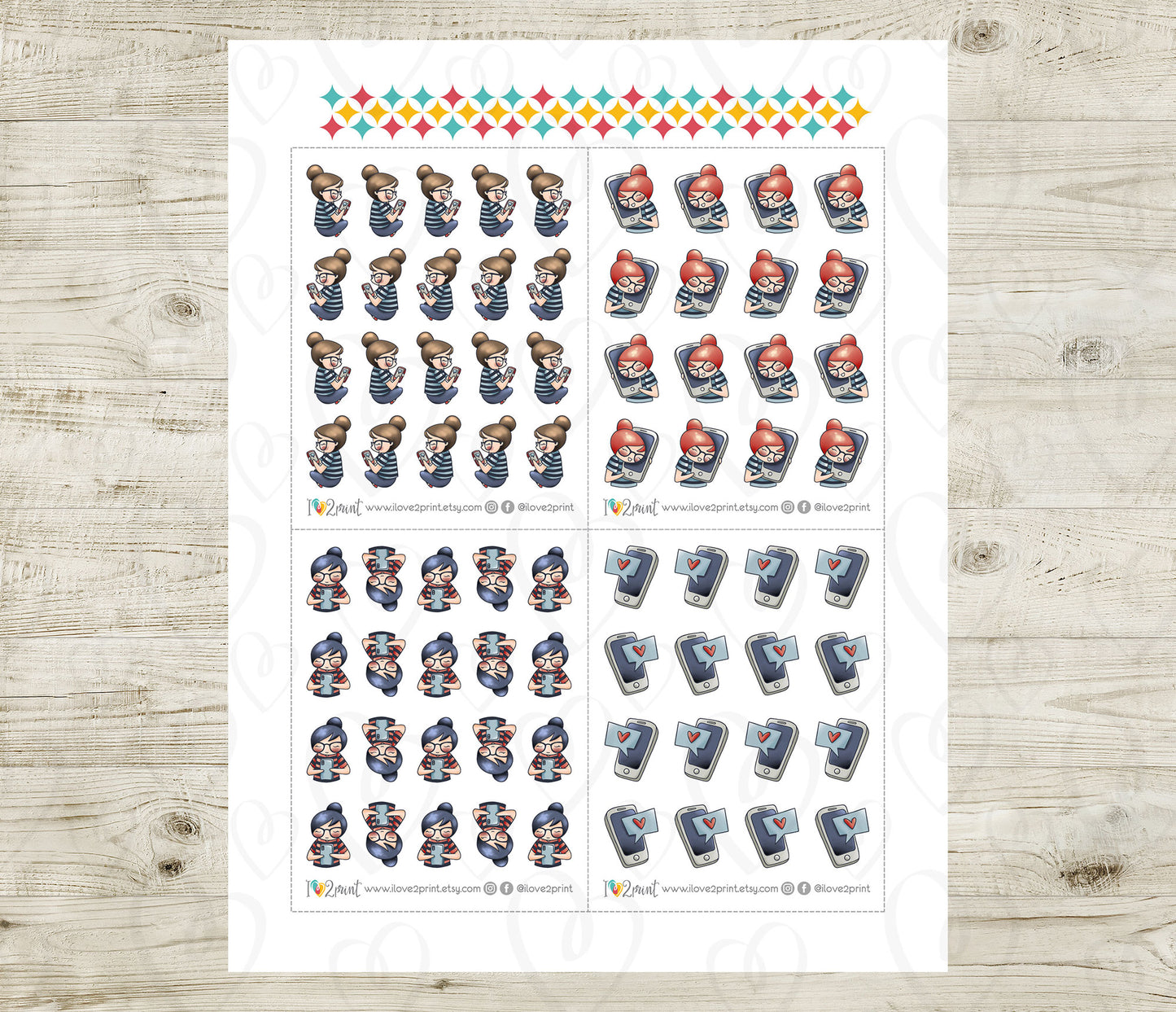 Elena Texting Color Printable Stickers | 2 Skin Tones Phone Chat | 2 Sizes | PDF Cut Files