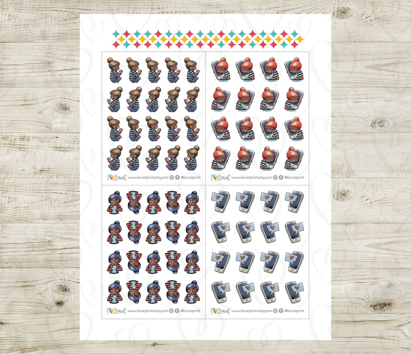 Elena Texting Color Printable Stickers | 2 Skin Tones Phone Chat | 2 Sizes | PDF Cut Files