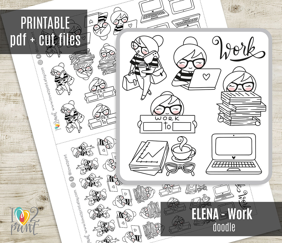 Elena Work - DOODLE Printable Planner Sticker - PDF & Cut Files