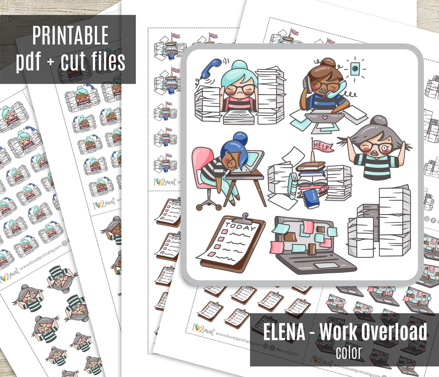 Elena Work Overload - COLOR (2 skin variations) Printable Planner Sticker - PDF & Cut Files