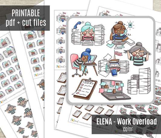 Elena Work Overload - COLOR (2 skin variations) Printable Planner Sticker - PDF & Cut Files