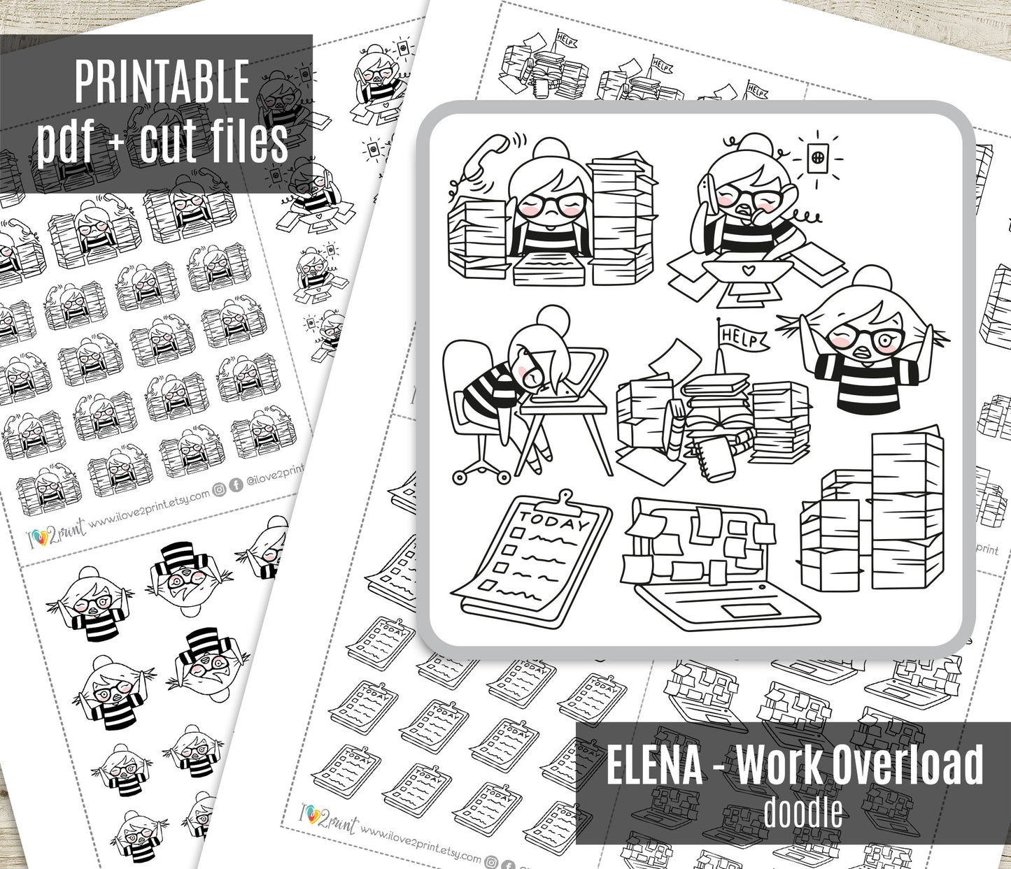Elena Work Overload - DOODLE Printable Planner Sticker - PDF & Cut Files