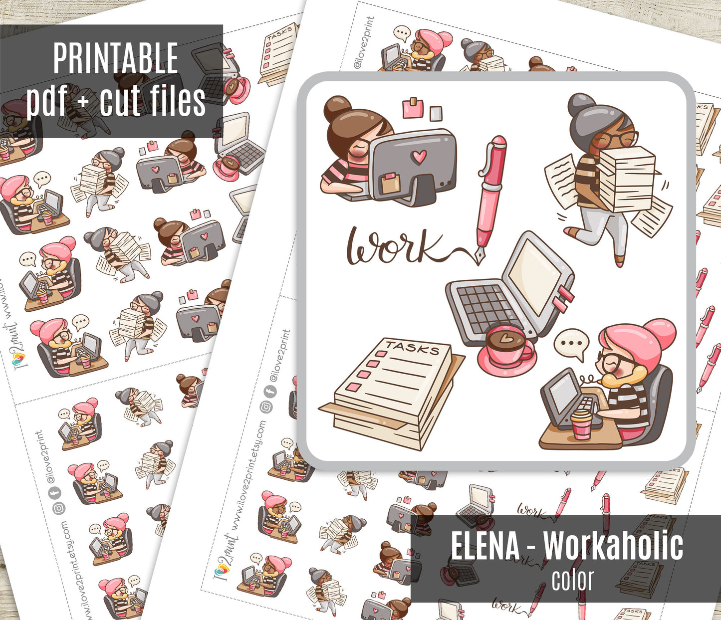 Sticker sheet with girl cartoon characters and 'Work' text, featuring a printable PDF and cut files.