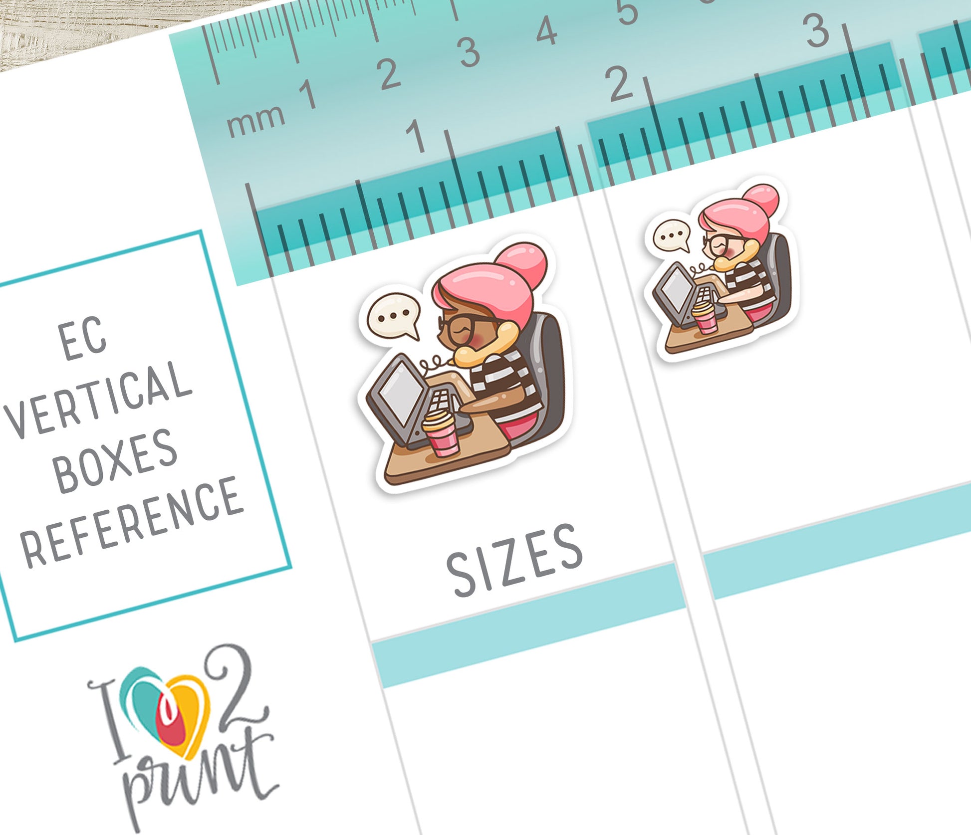 Sticker design with a planner girl using a laptop, placed on a reference vertical planner sheet with measurement scale and text.