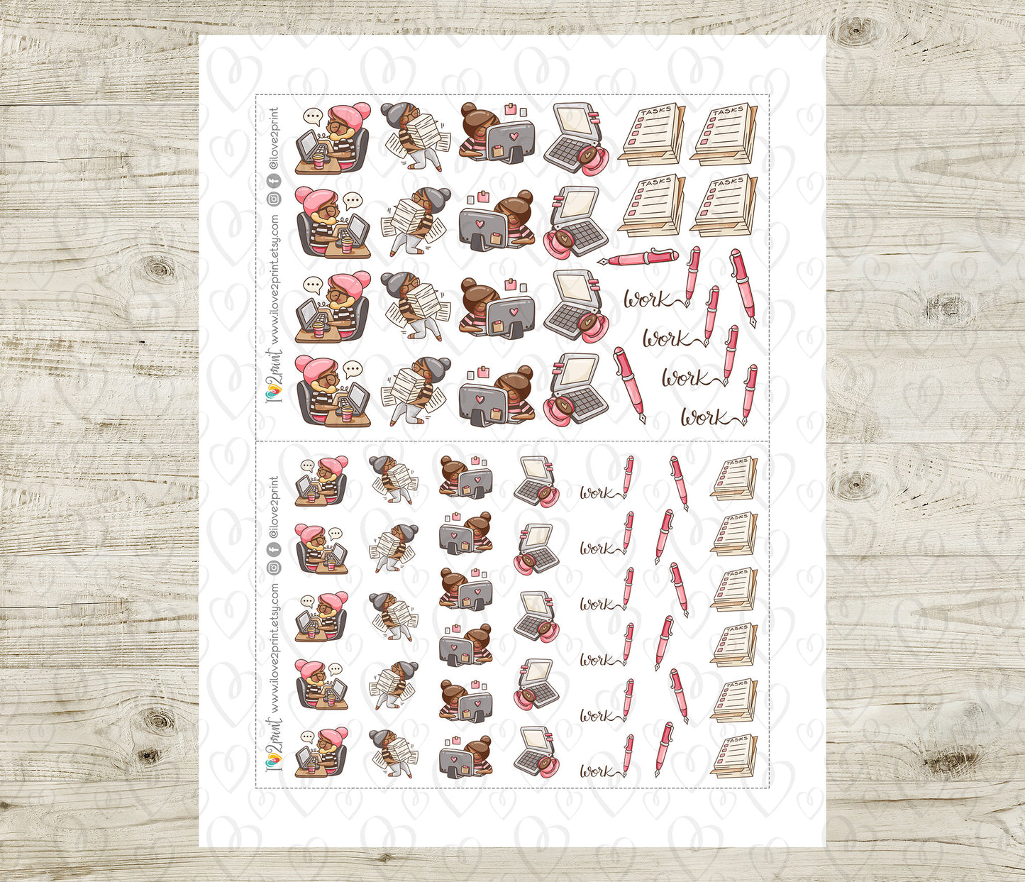 Sheet of planner stickers with various Work related designs on a wooden surface