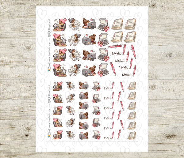 Elena Workaholic Color Printable Planner Stickers | 2 Skin Tones | Wor ...