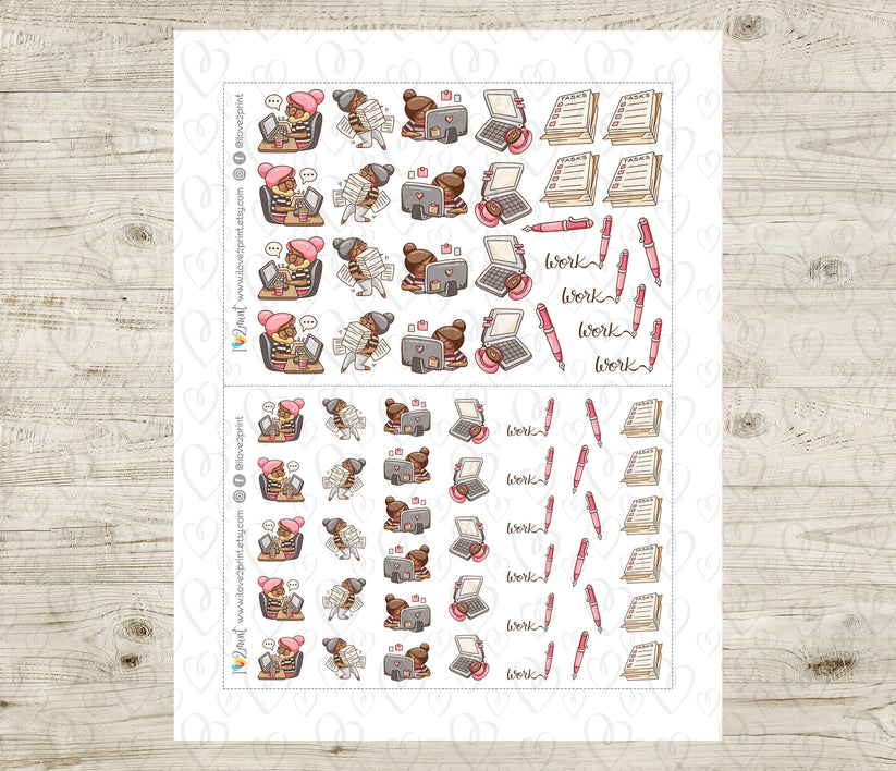 Elena Workaholic Color Printable Planner Stickers | 2 Skin Tones | Wor ...