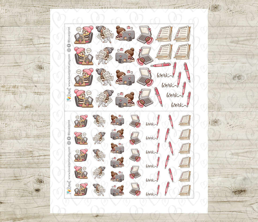 Elena Workaholic Color Printable Planner Stickers | 2 Skin Tones | Wor ...