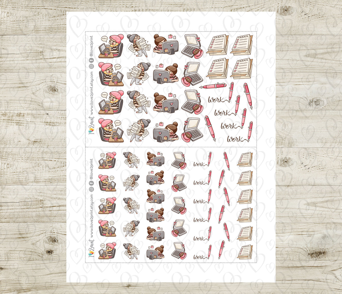 Elena Workaholic Color Printable Planner Stickers | 2 Skin Tones | Wor ...