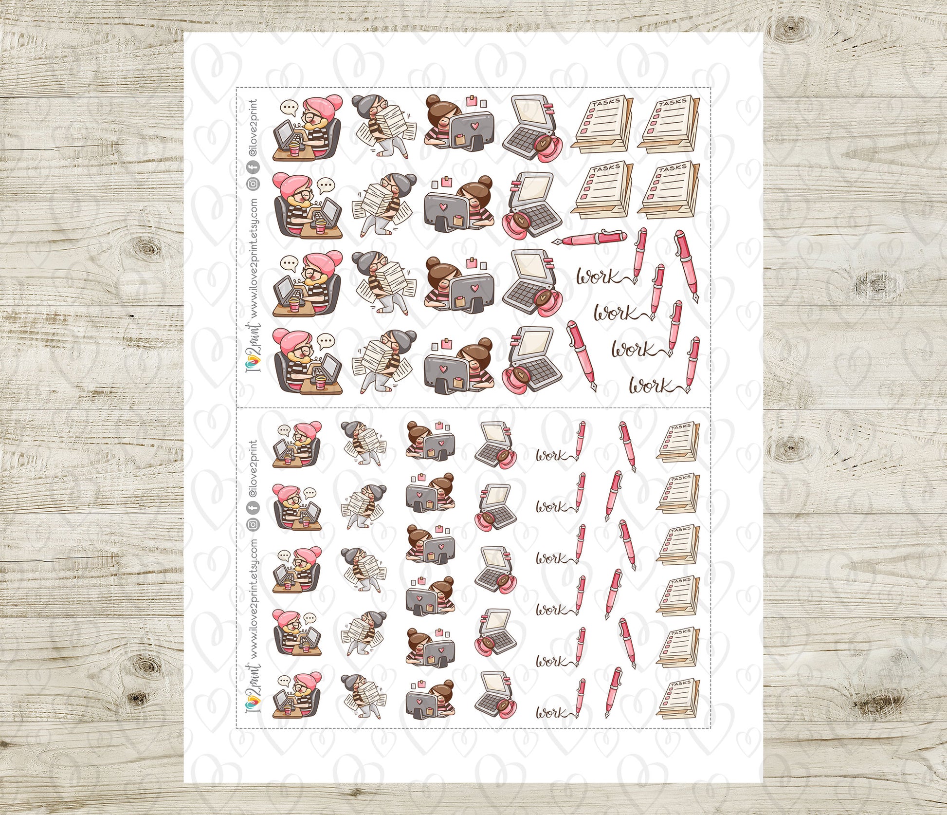 Sheet of planner stickers with various work and office designs on a wooden surface