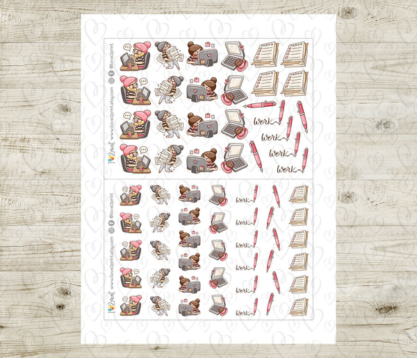 Elena Workaholic Color Printable Planner Stickers | 2 Skin Tones | Wor ...