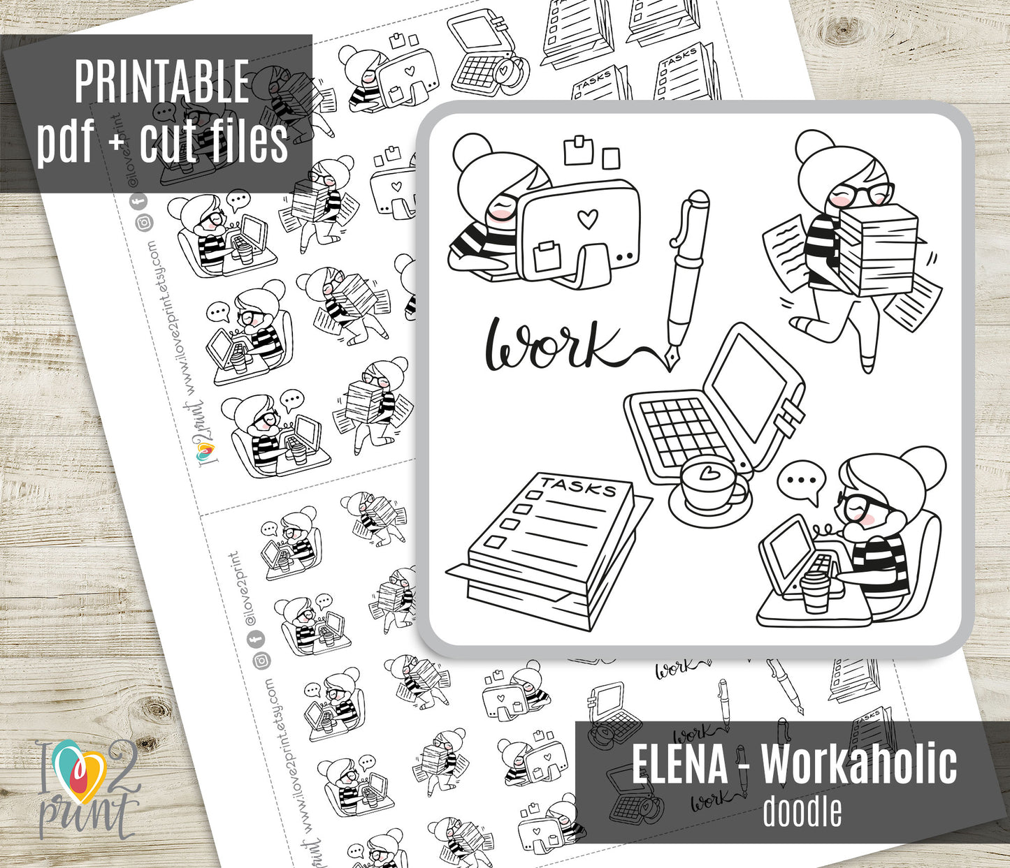 Sheet of black and white doodle stickers featuring a workaholic theme with text and icons on a wooden surface.