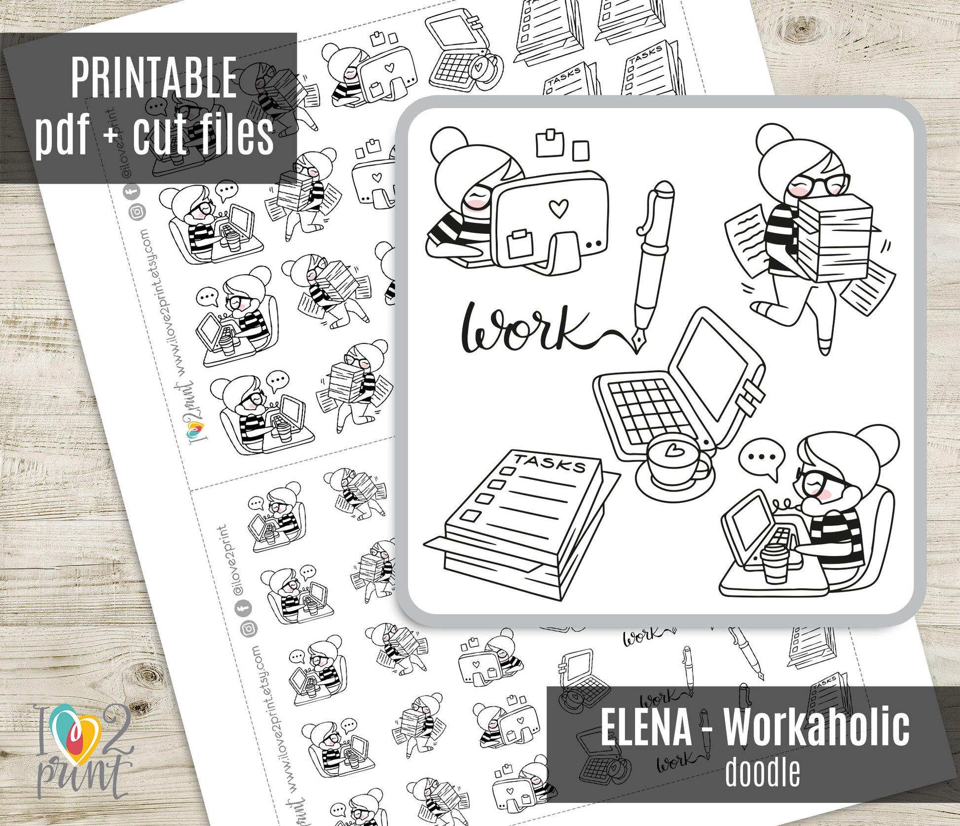 Sheet of black and white doodle stickers featuring a workaholic theme with text and icons on a wooden surface.